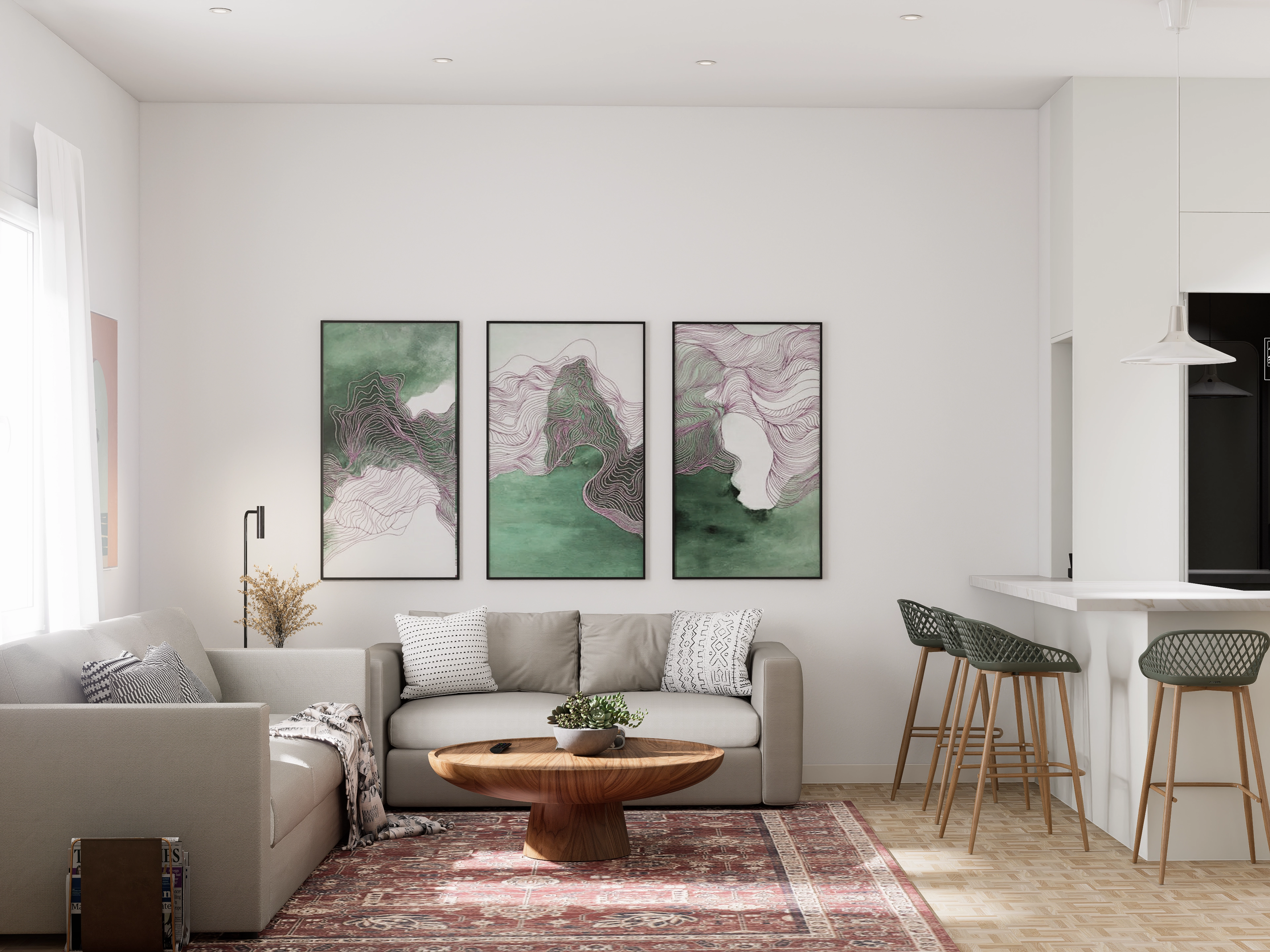 Salón con dos sofás de color claro y una mesa redonda de madera encima de una gran alfombra persa roja y cuadros de fondo de color verde y rosa.